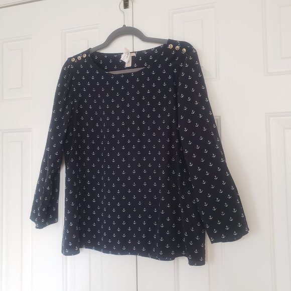 J Crew 100% Silk Nautical Blouse - Size 12 - Navy w/ Anchor Print - Picture 3 of 13